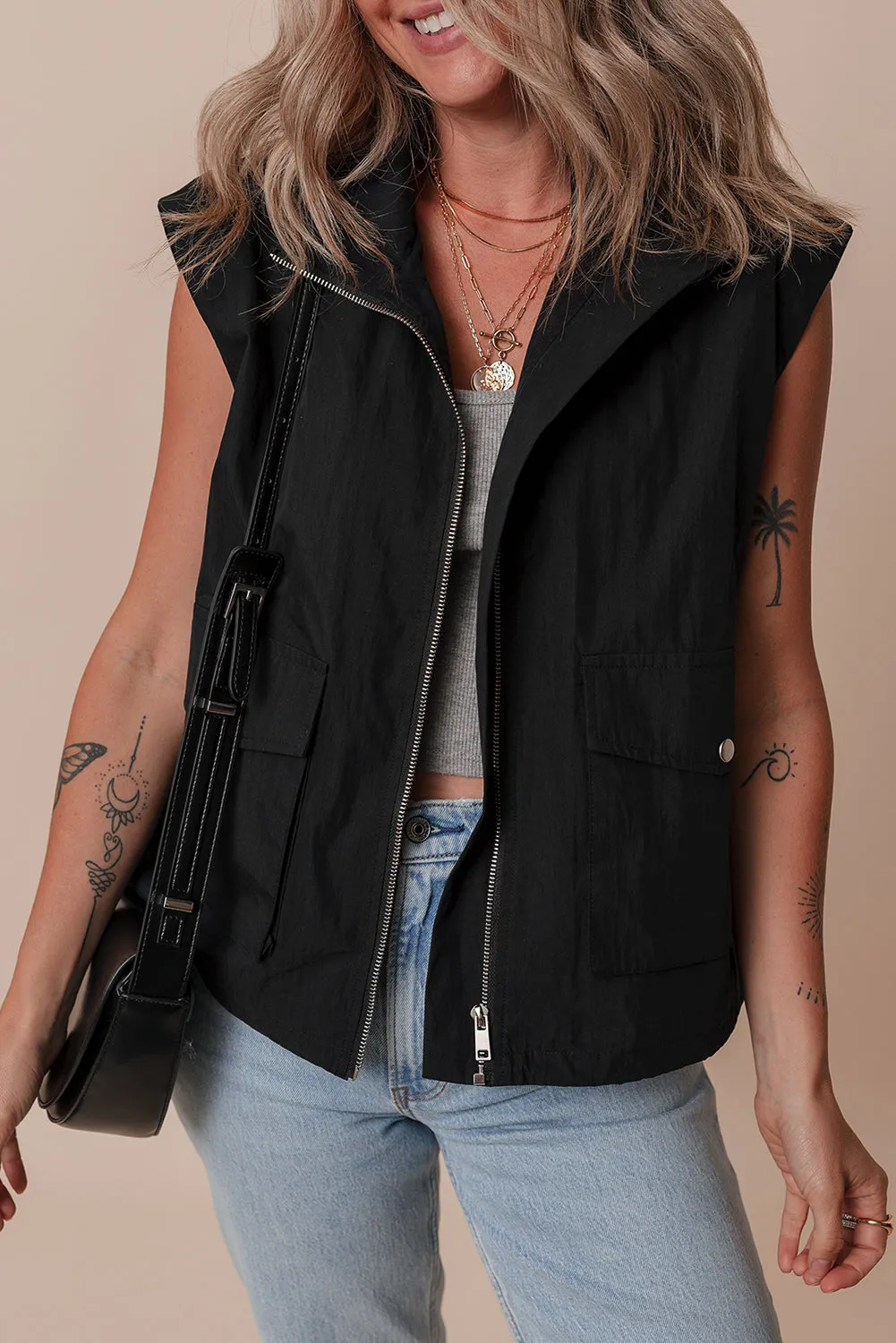 Black Flap Pockets Zip Up High Neck Gilet sold by Beagle Boutique product image thumbnail 3