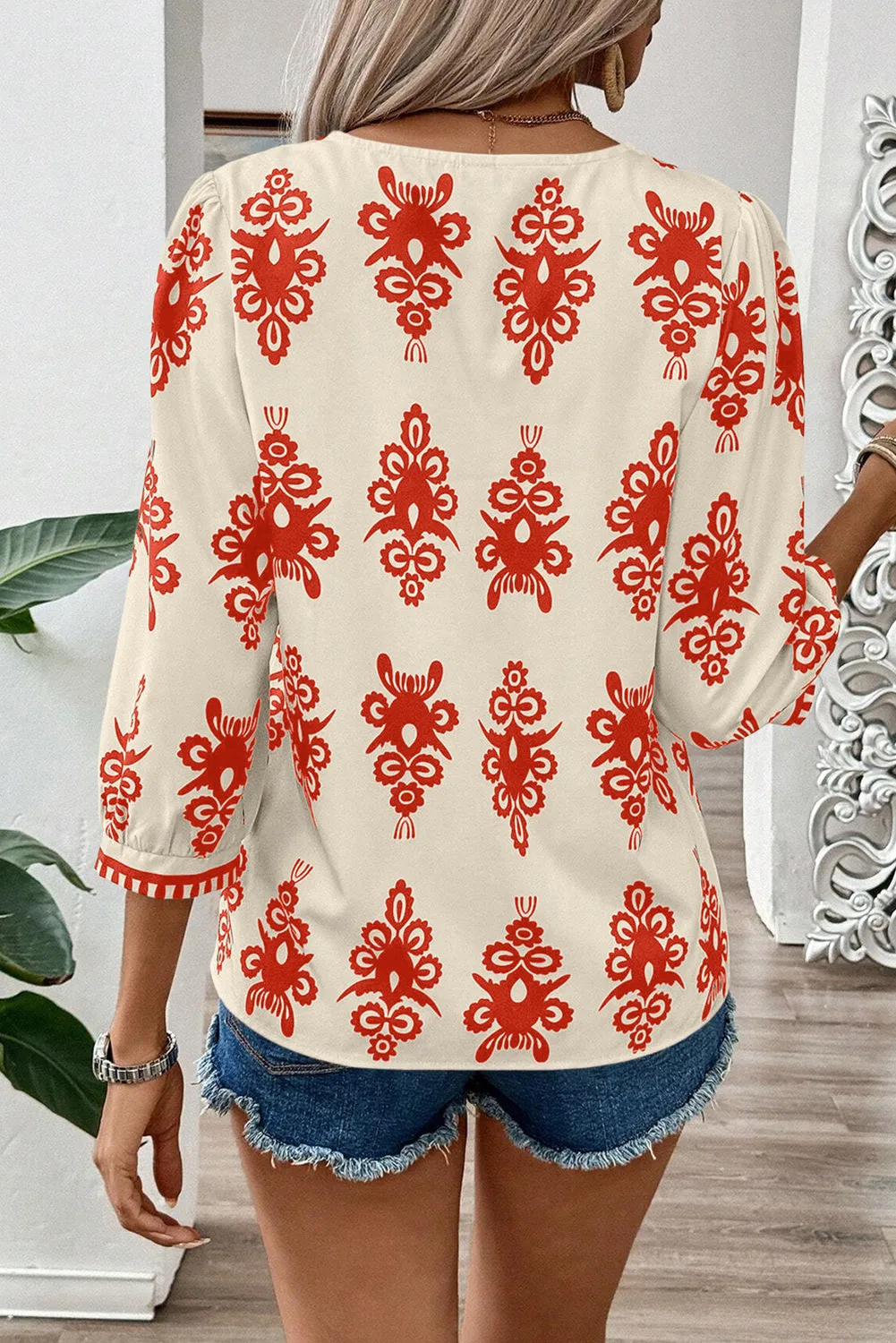 Orange Vintage Geometric Printed 3/4 Sleeve V Neck Blouse sold by Beagle Boutique product image thumbnail 2