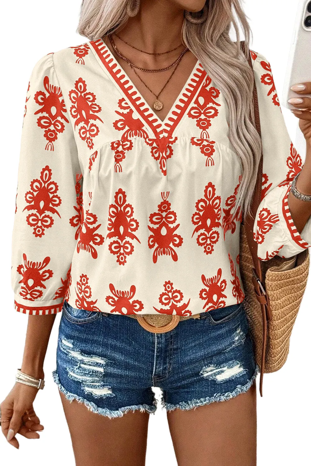 Orange Vintage Geometric Printed 3/4 Sleeve V Neck Blouse sold by Beagle Boutique product image thumbnail 3