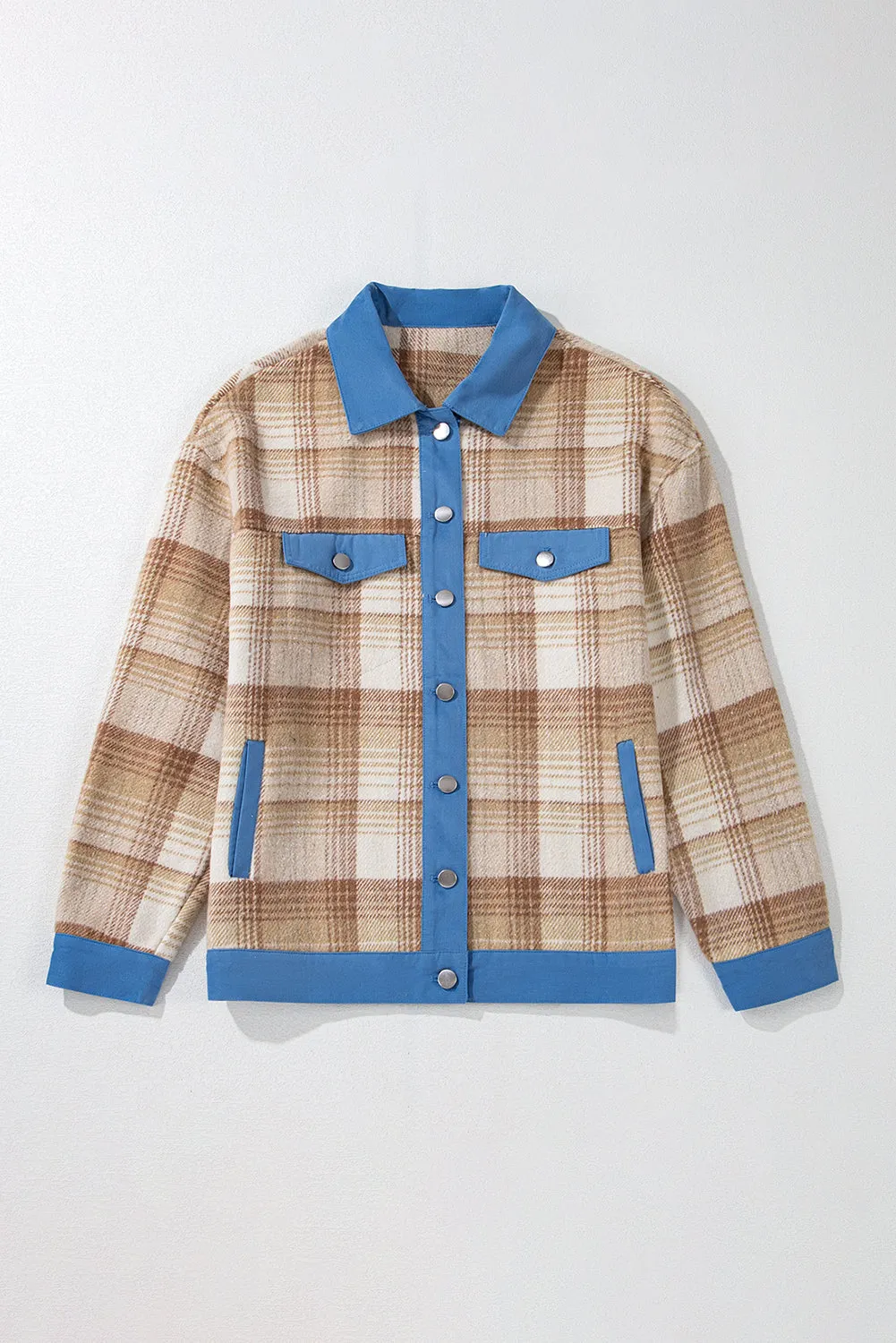 Light French Beige Plaid Patchwork Flap Detail Button Up Shacket sold by Beagle Boutique product image thumbnail 5