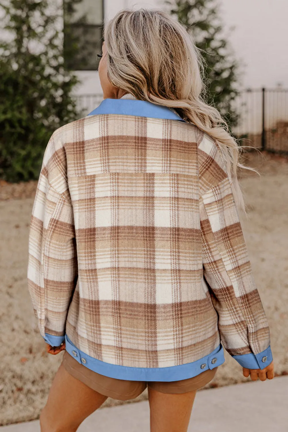 Light French Beige Plaid Patchwork Flap Detail Button Up Shacket sold by Beagle Boutique product image thumbnail 2