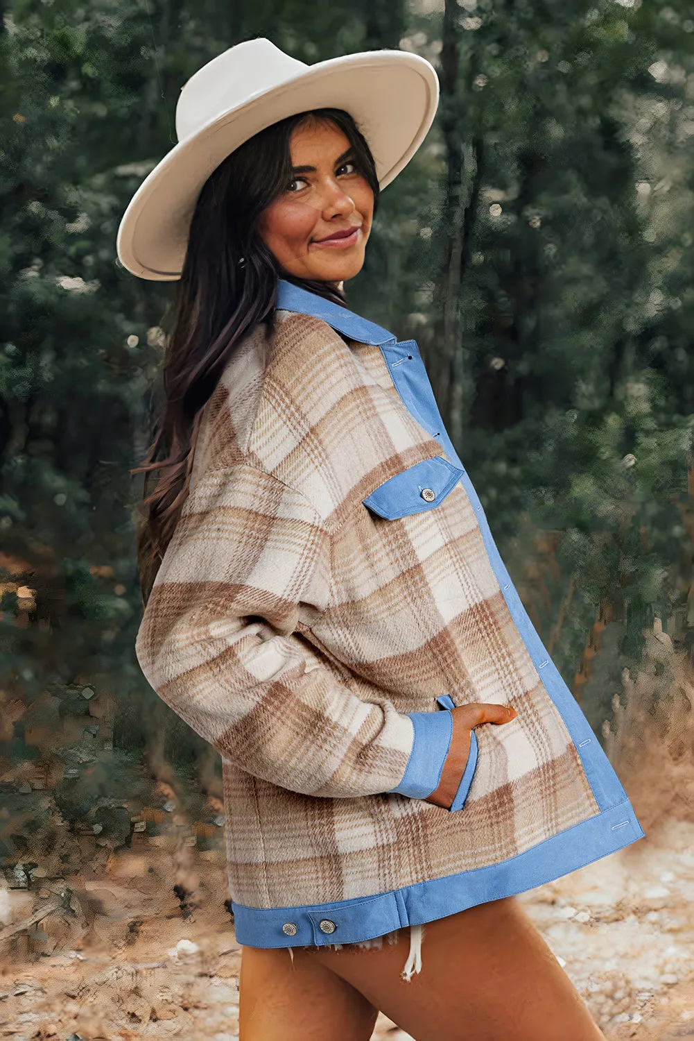 Light French Beige Plaid Patchwork Flap Detail Button Up Shacket sold by Beagle Boutique product image thumbnail 3