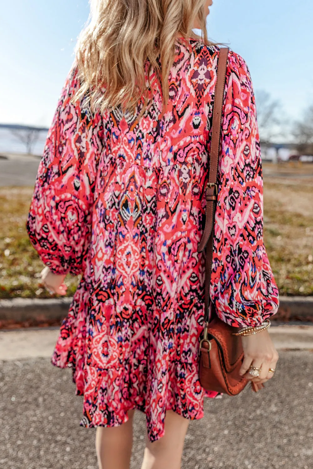 Rose Abstract Printed Tassel Tied Neck Long Sleeve Ruffled Mini Dress sold by Beagle Boutique product image thumbnail 2