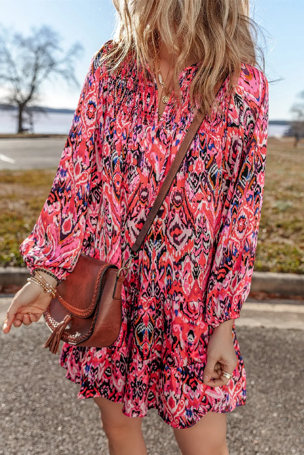 Rose Abstract Printed Tassel Tied Neck Long Sleeve Ruffled Mini Dress sold by Beagle Boutique product image thumbnail 4