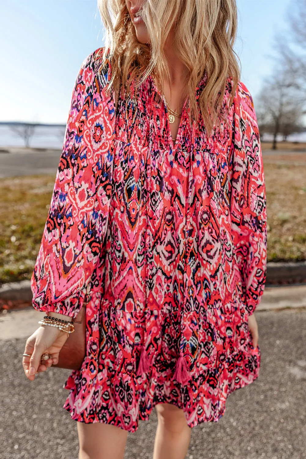 Rose Abstract Printed Tassel Tied Neck Long Sleeve Ruffled Mini Dress sold by Beagle Boutique