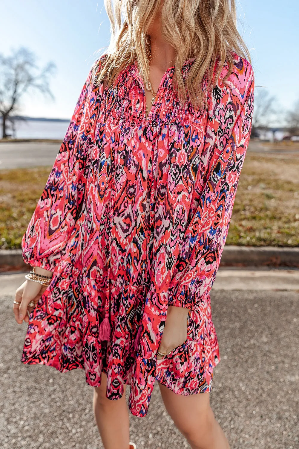 Rose Abstract Printed Tassel Tied Neck Long Sleeve Ruffled Mini Dress sold by Beagle Boutique product image thumbnail 3