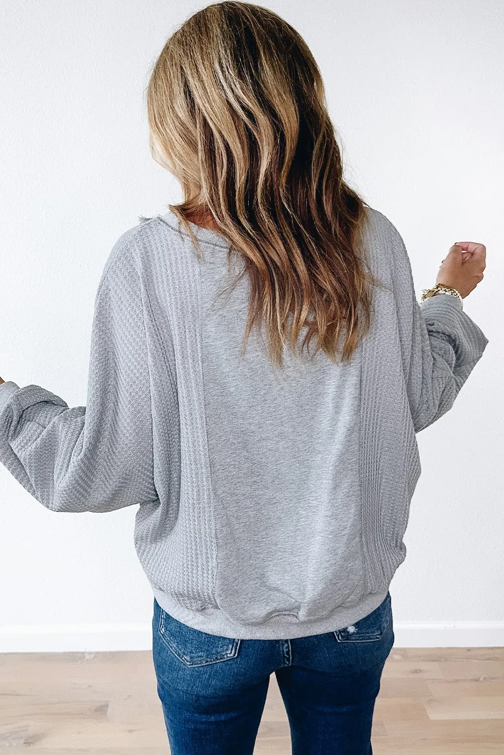 Light Grey Waffle Patchwork Long Sleeve Raw Hem Pullover Top sold by Beagle Boutique product image thumbnail 2