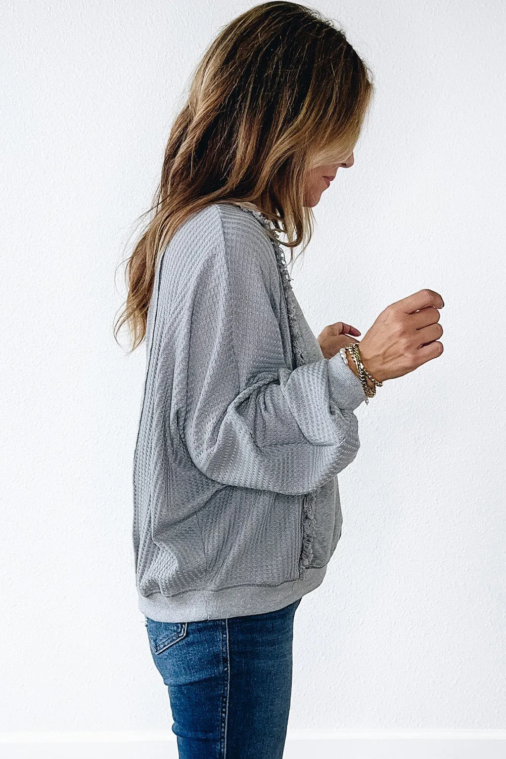 Light Grey Waffle Patchwork Long Sleeve Raw Hem Pullover Top sold by Beagle Boutique product image thumbnail 4
