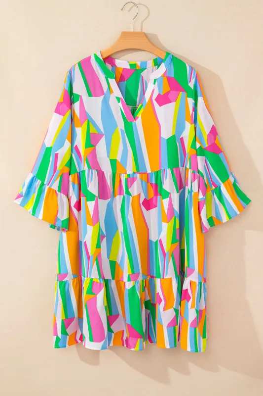 Multicolour Plus Size Vibrant Abstract Print Tiered Ruffled Mini Dress sold by Beagle Boutique