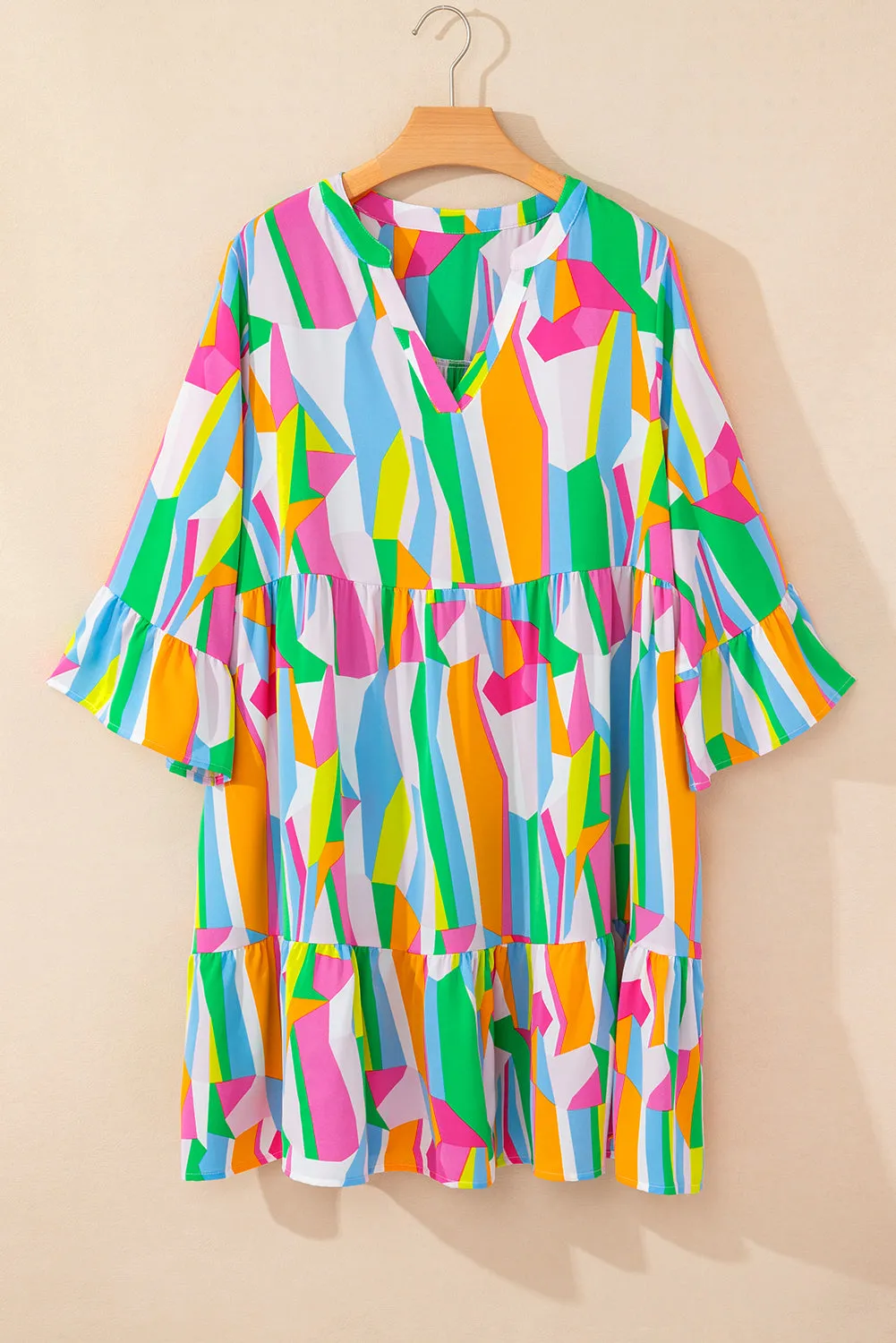 Multicolour Plus Size Vibrant Abstract Print Tiered Ruffled Mini Dress sold by Beagle Boutique