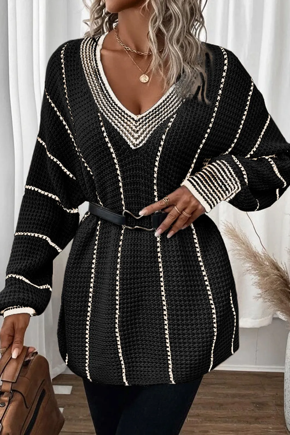 Black Colourblock Striped V Neck Knitted Loose Sweater sold by Beagle Boutique product image thumbnail 3