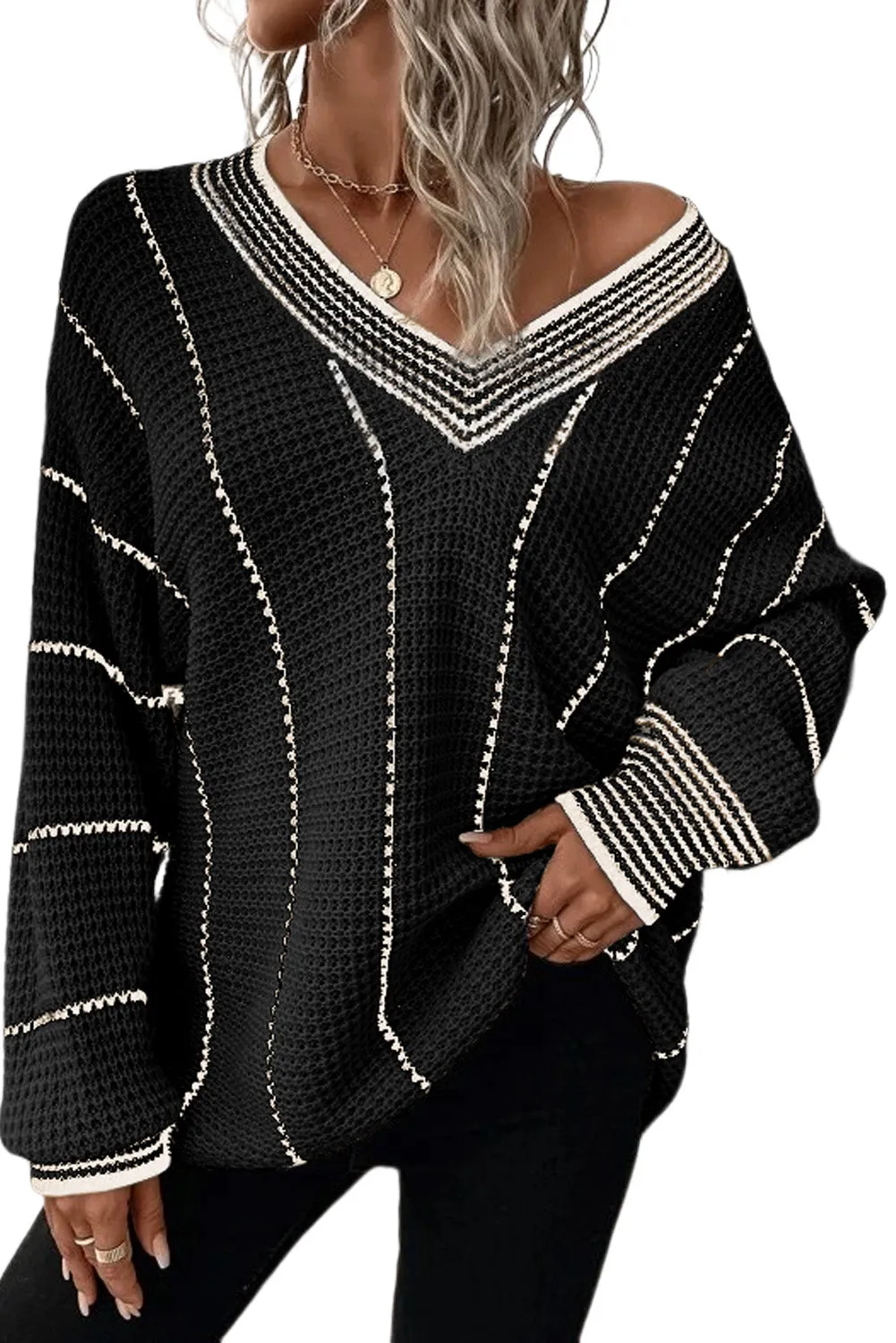 Black Colourblock Striped V Neck Knitted Loose Sweater sold by Beagle Boutique product image thumbnail 5
