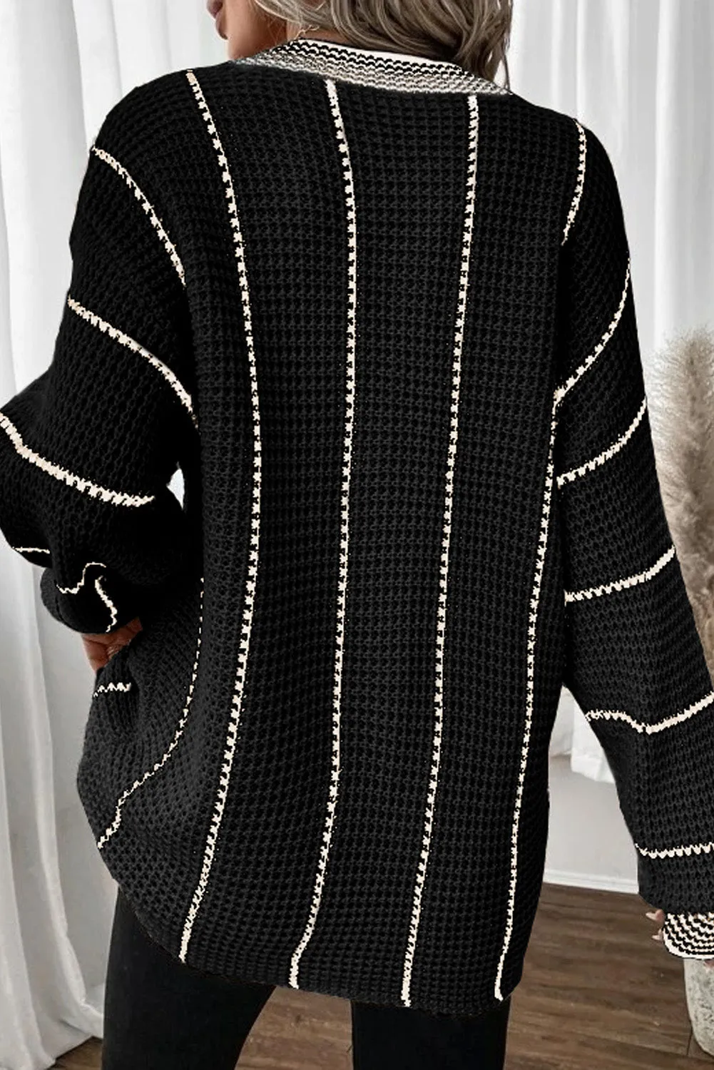 Black Colourblock Striped V Neck Knitted Loose Sweater sold by Beagle Boutique product image thumbnail 2