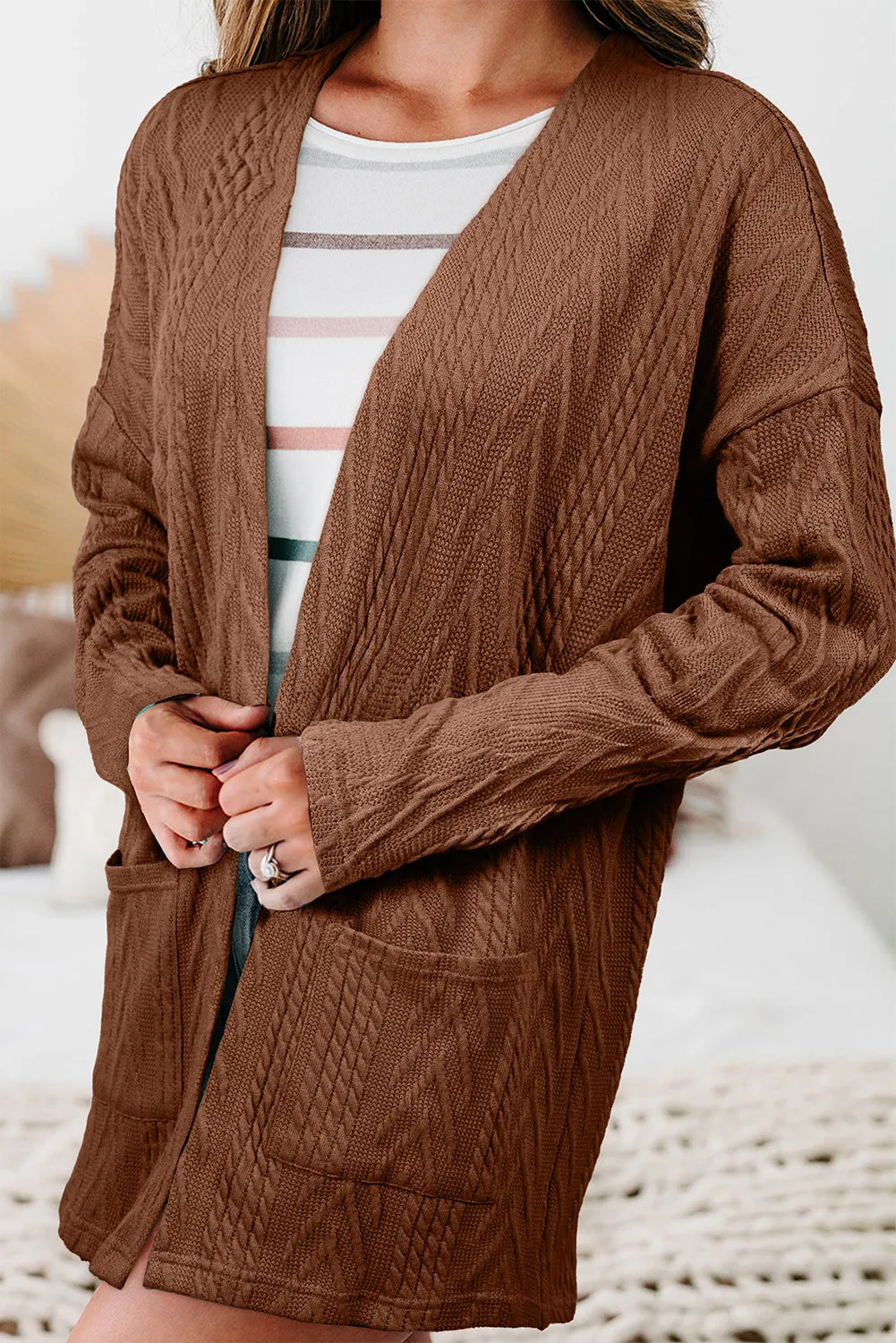 Coffee Solid Textured Open Front Cardigan with Pocket sold by Beagle Boutique