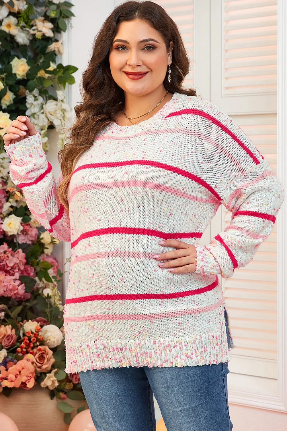 Pink Stripe Drop Shoulder Side Split Plus Size Sweater sold by Beagle Boutique product image thumbnail 5