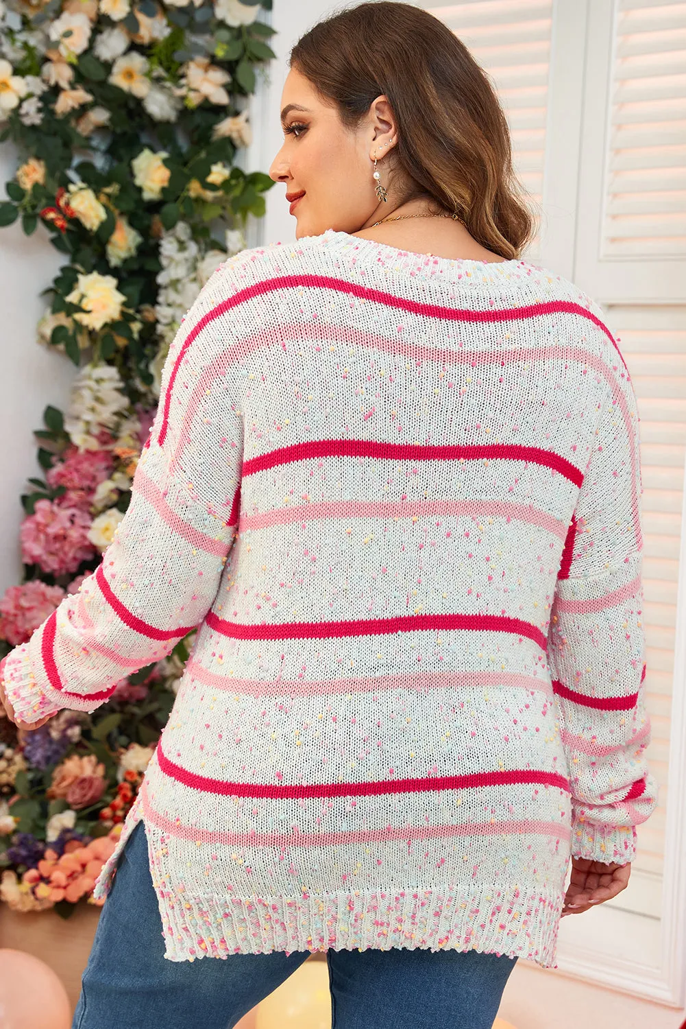 Pink Stripe Drop Shoulder Side Split Plus Size Sweater sold by Beagle Boutique product image thumbnail 2