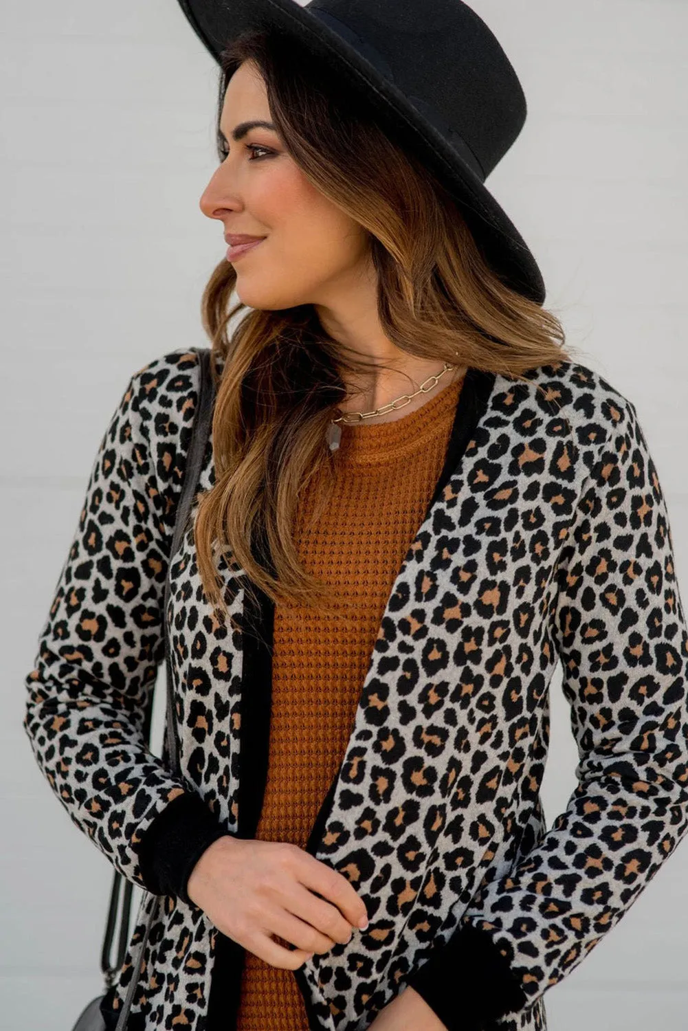 Black Leopard Patched Pocket Open Front Cardigan sold by Beagle Boutique product image thumbnail 4