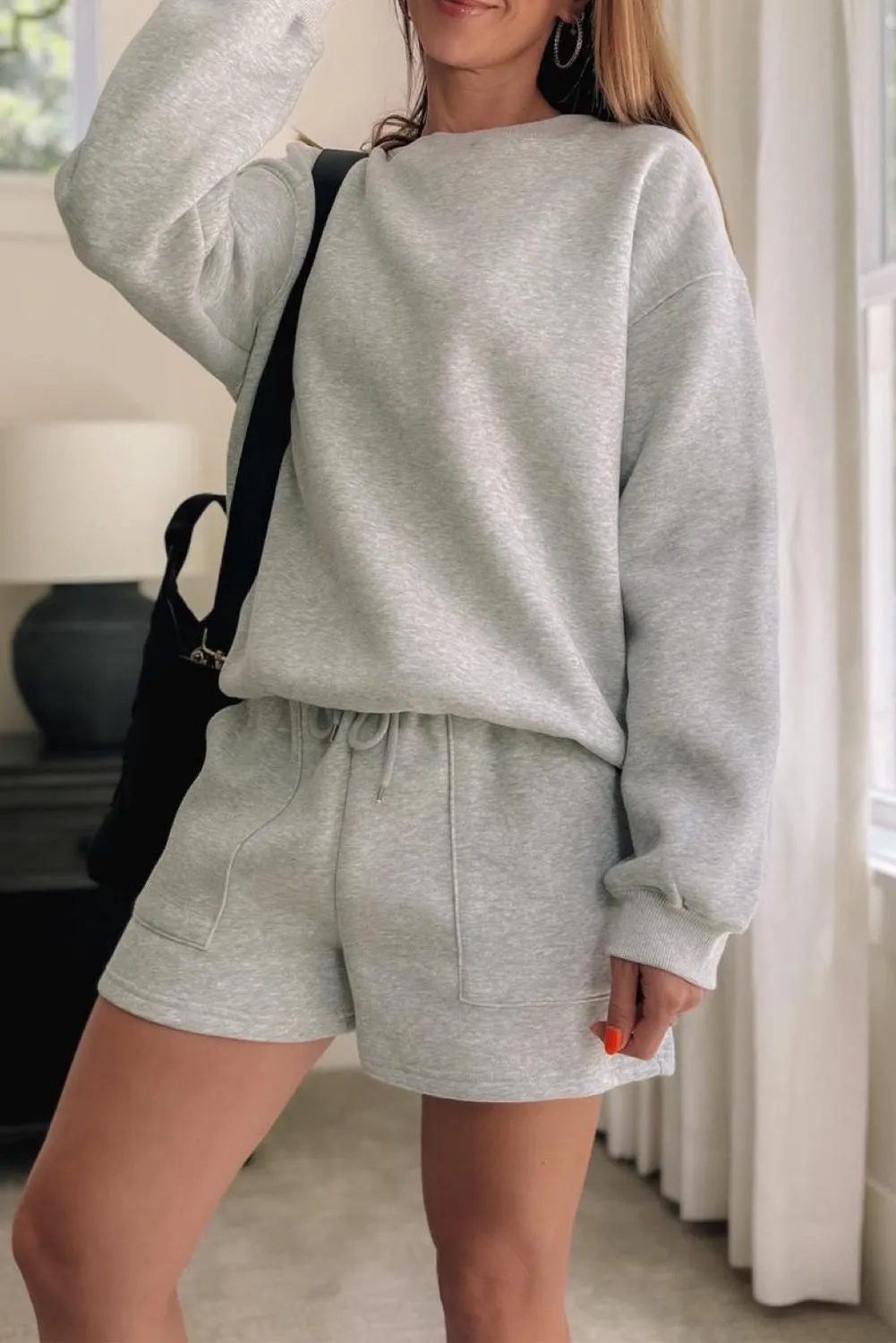 Light Grey Solid Pullover Sweatshirt and Shorts 2 Piece Set sold by Beagle Boutique
