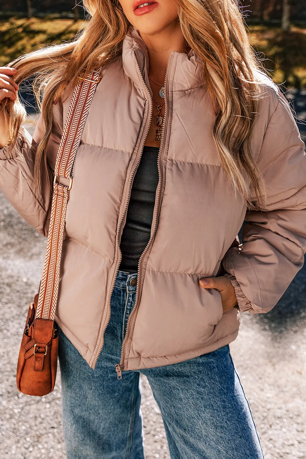 Apricot Pink Full Zipper Quilted Puffer Jacket sold by Beagle Boutique product image thumbnail 3