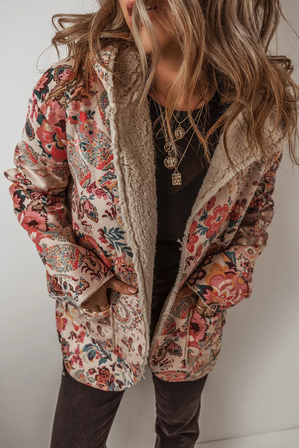 Beige Vintage Paisley Floral Printed Sherpa Lined Hooded Jacket sold by Beagle Boutique product image thumbnail 5