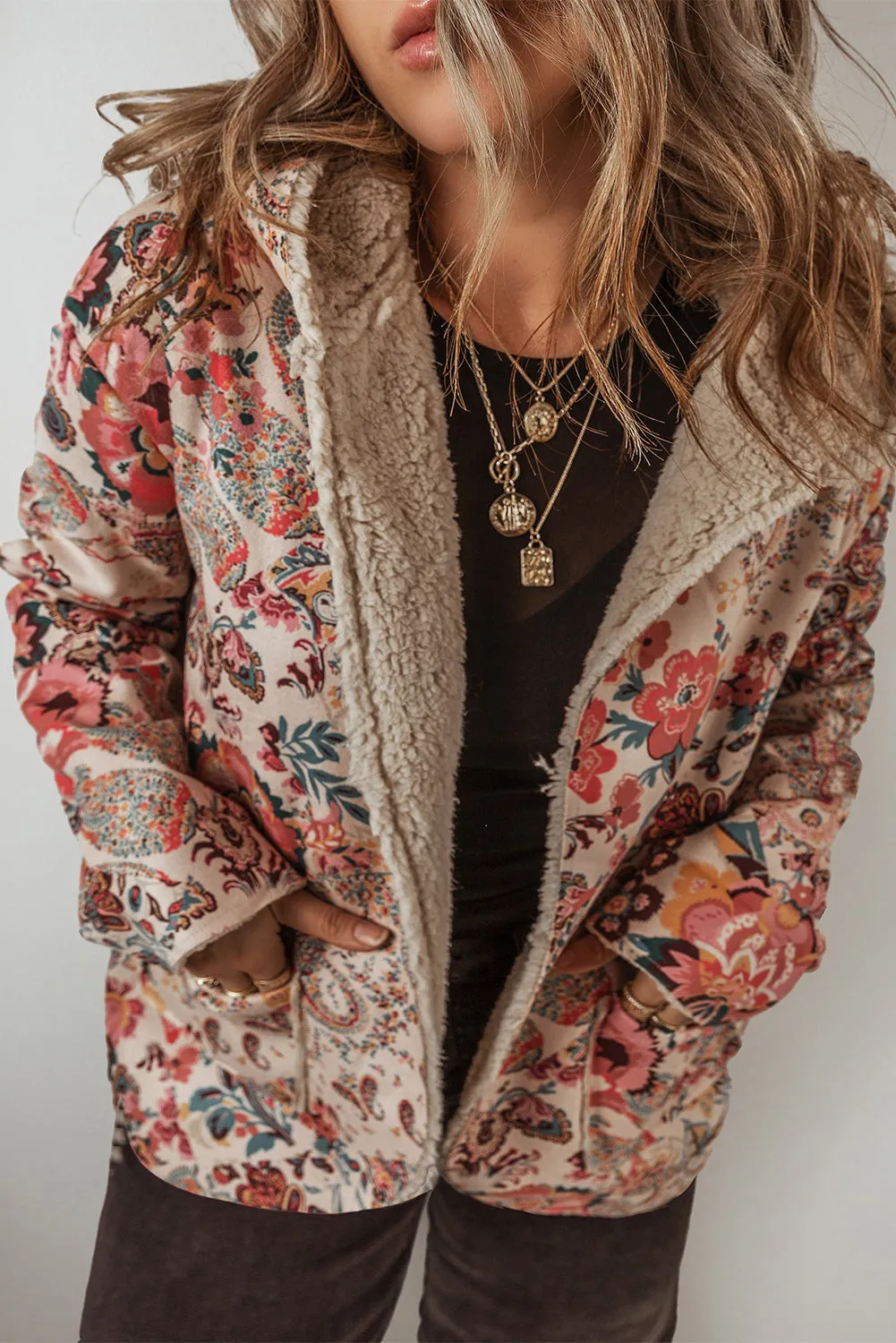 Beige Vintage Paisley Floral Printed Sherpa Lined Hooded Jacket sold by Beagle Boutique product image thumbnail 2