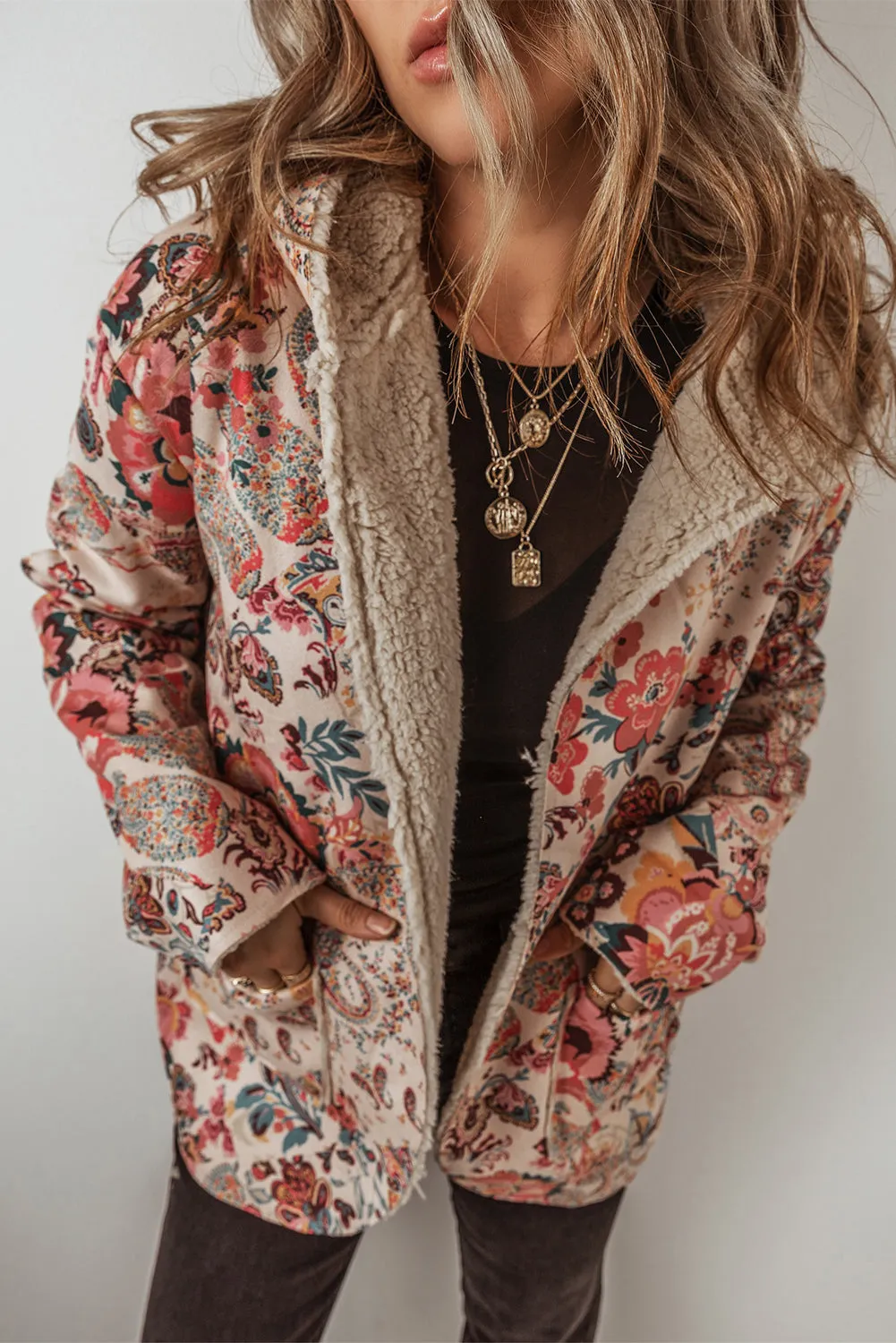 Beige Vintage Paisley Floral Printed Sherpa Lined Hooded Jacket sold by Beagle Boutique