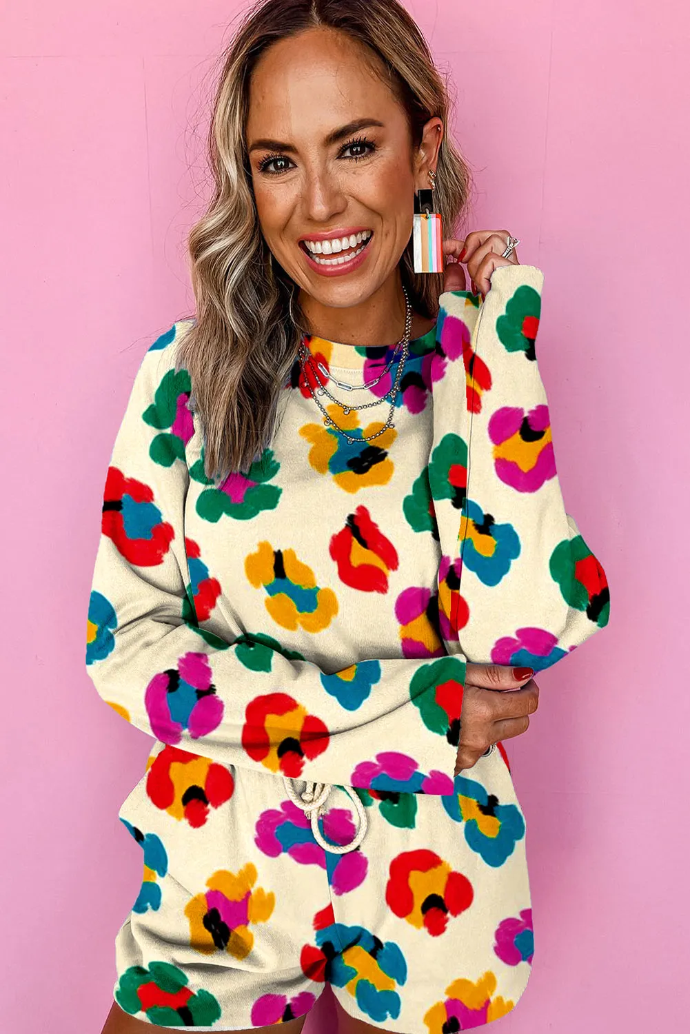 Apricot Multicolour Leopard Printed Long Sleeve Top Two Piece Shorts Set sold by Beagle Boutique product image thumbnail 4