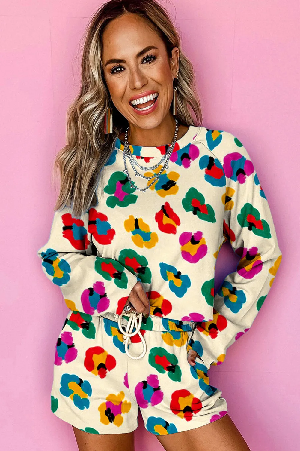 Apricot Multicolour Leopard Printed Long Sleeve Top Two Piece Shorts Set sold by Beagle Boutique product image thumbnail 3