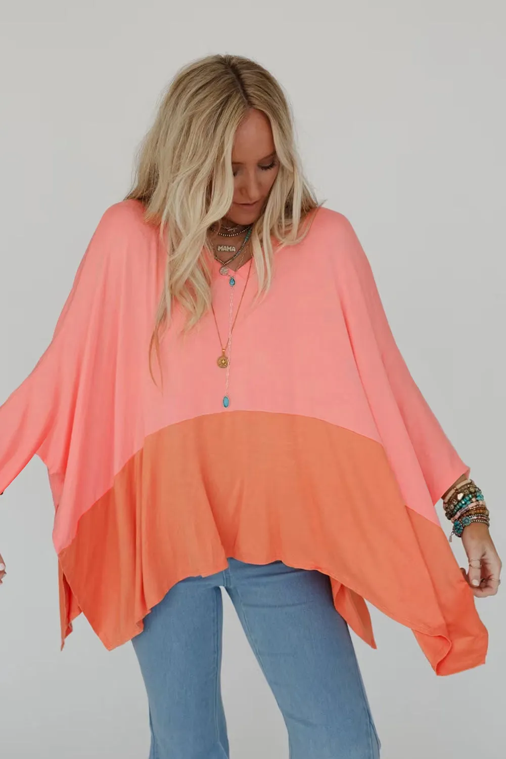 Grapefruit Orange Contrast Color Patchwork Oversized Side Split Top sold by Beagle Boutique product image thumbnail 4