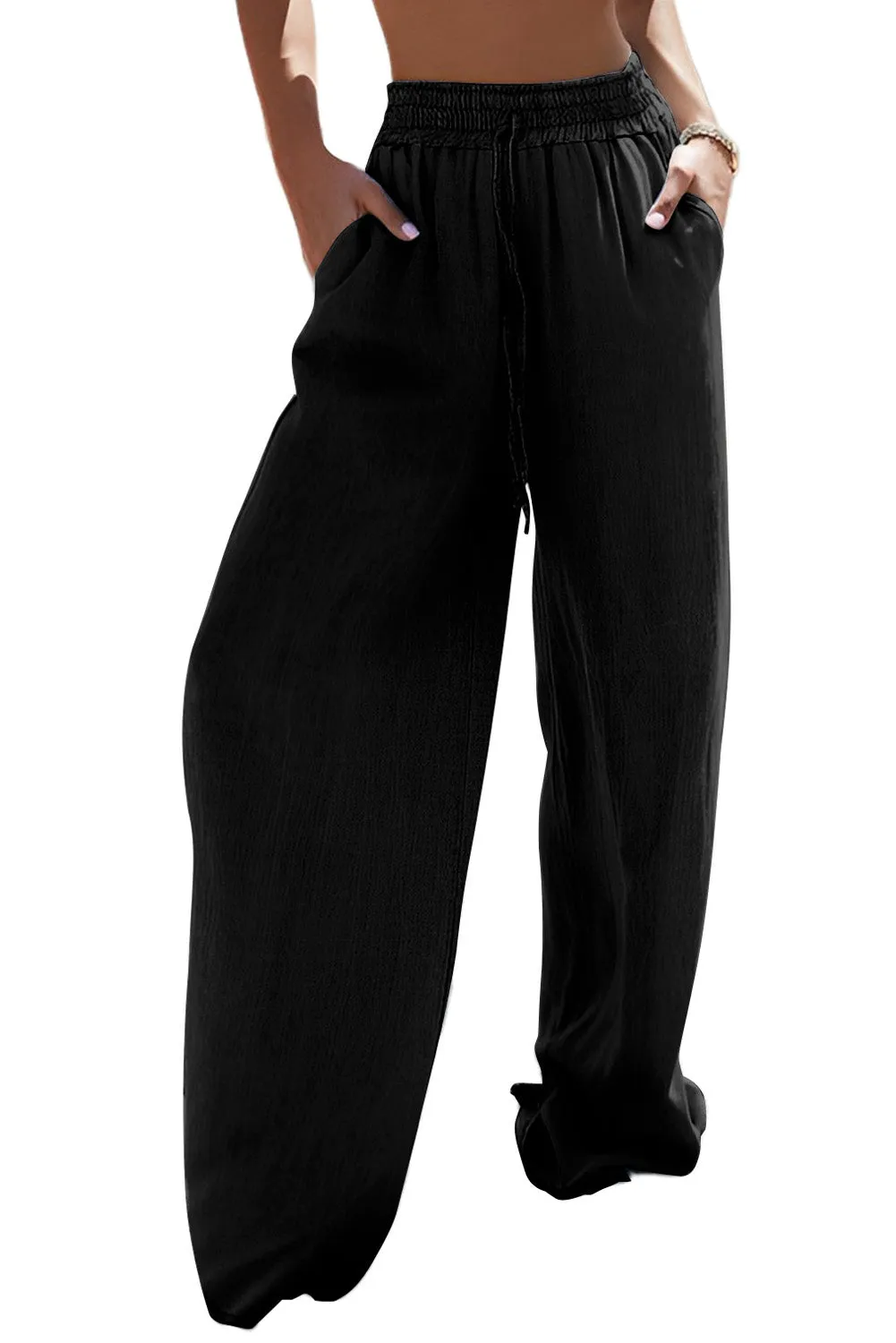 Black Drawstring High Waist Wide Leg Denim Trousers sold by Beagle Boutique product image thumbnail 4