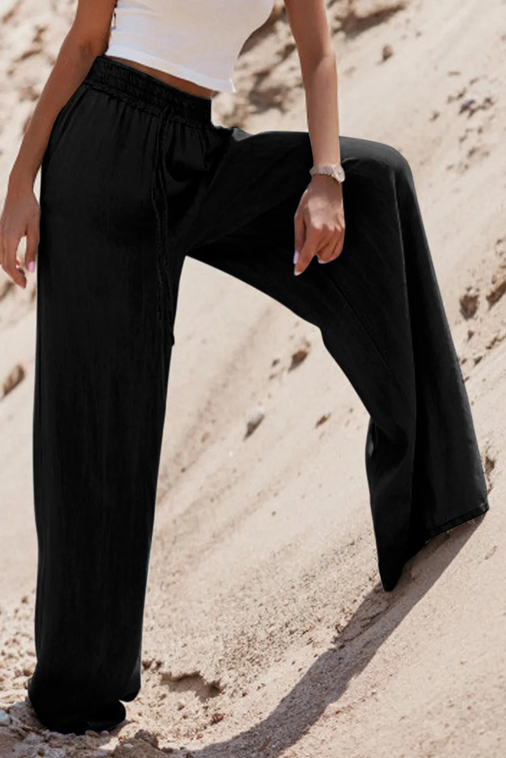 Black Drawstring High Waist Wide Leg Denim Trousers sold by Beagle Boutique product image thumbnail 3