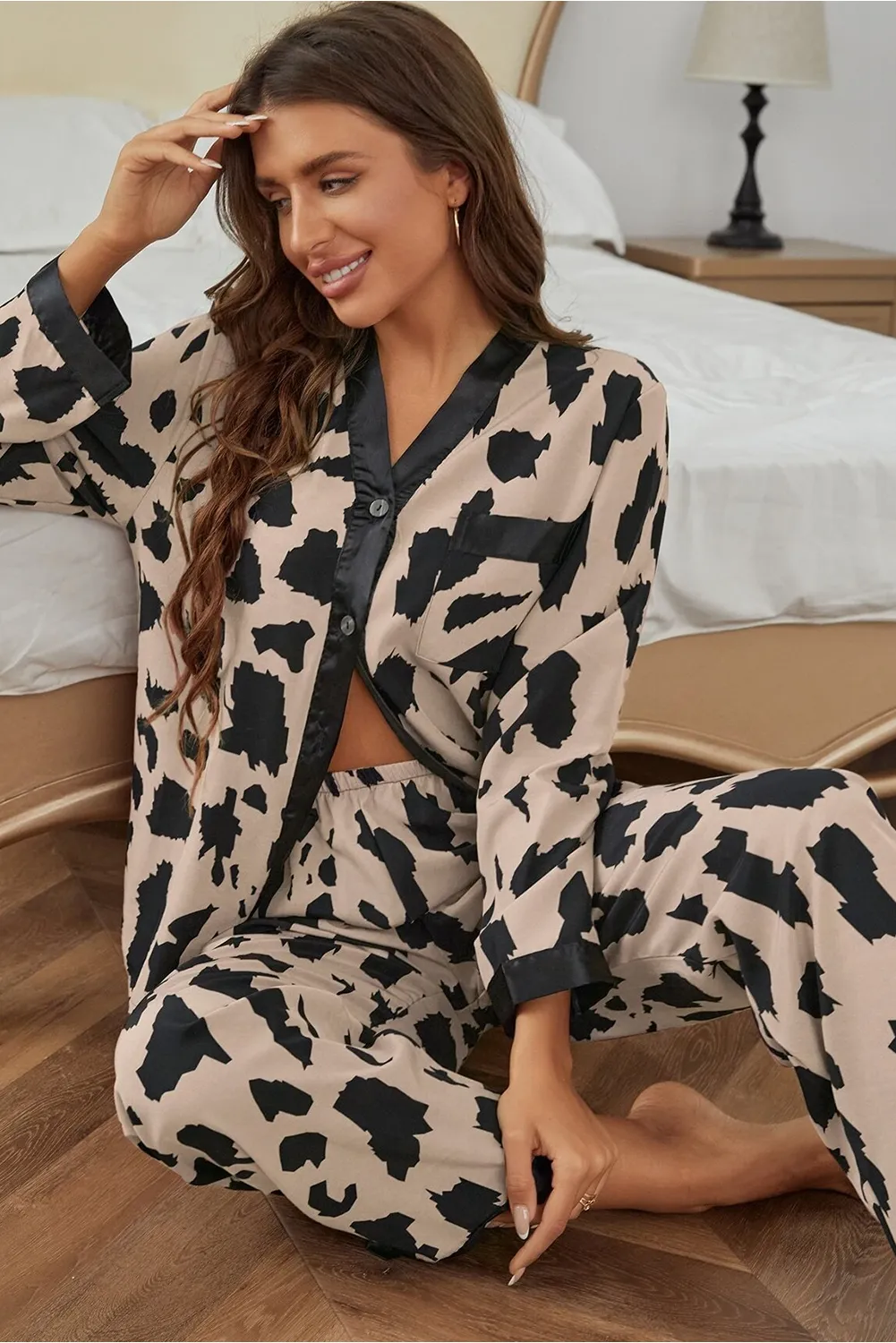 Khaki Cheetah Contrast Trim Loose Fit Two Piece Sleepwear sold by Beagle Boutique product image thumbnail 4