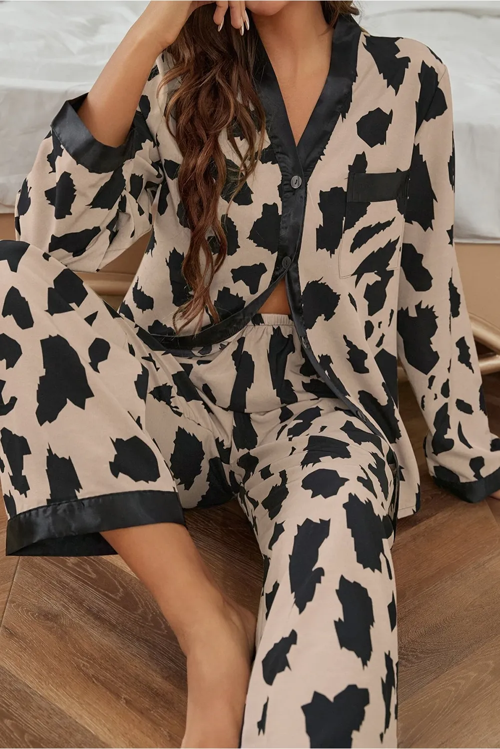 Khaki Cheetah Contrast Trim Loose Fit Two Piece Sleepwear sold by Beagle Boutique