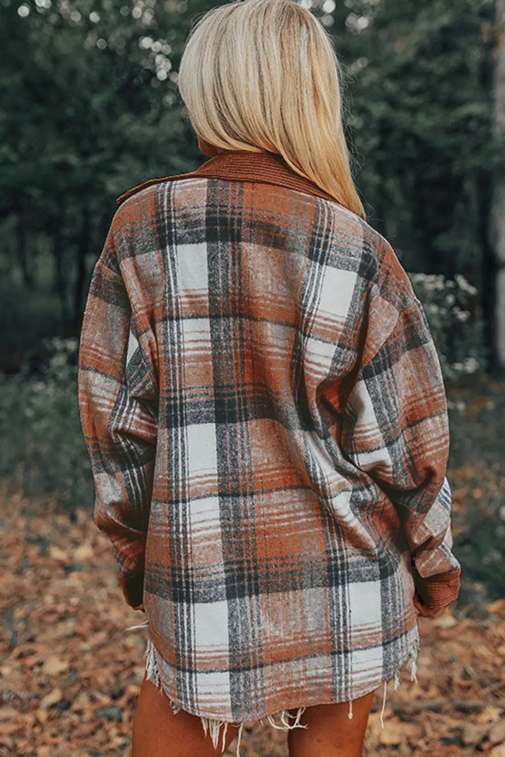 Cinnamon Plaid Corduroy Patchwork Chest Pocket Shacket sold by Beagle Boutique product image thumbnail 2
