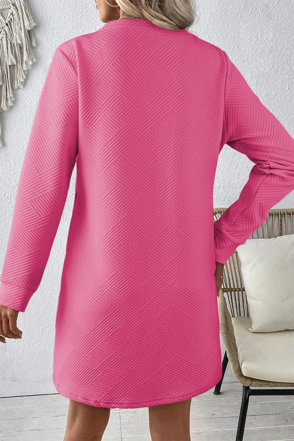 Rose Red Solid Color Textured Long Sleeve Shift Dress sold by Beagle Boutique product image thumbnail 2