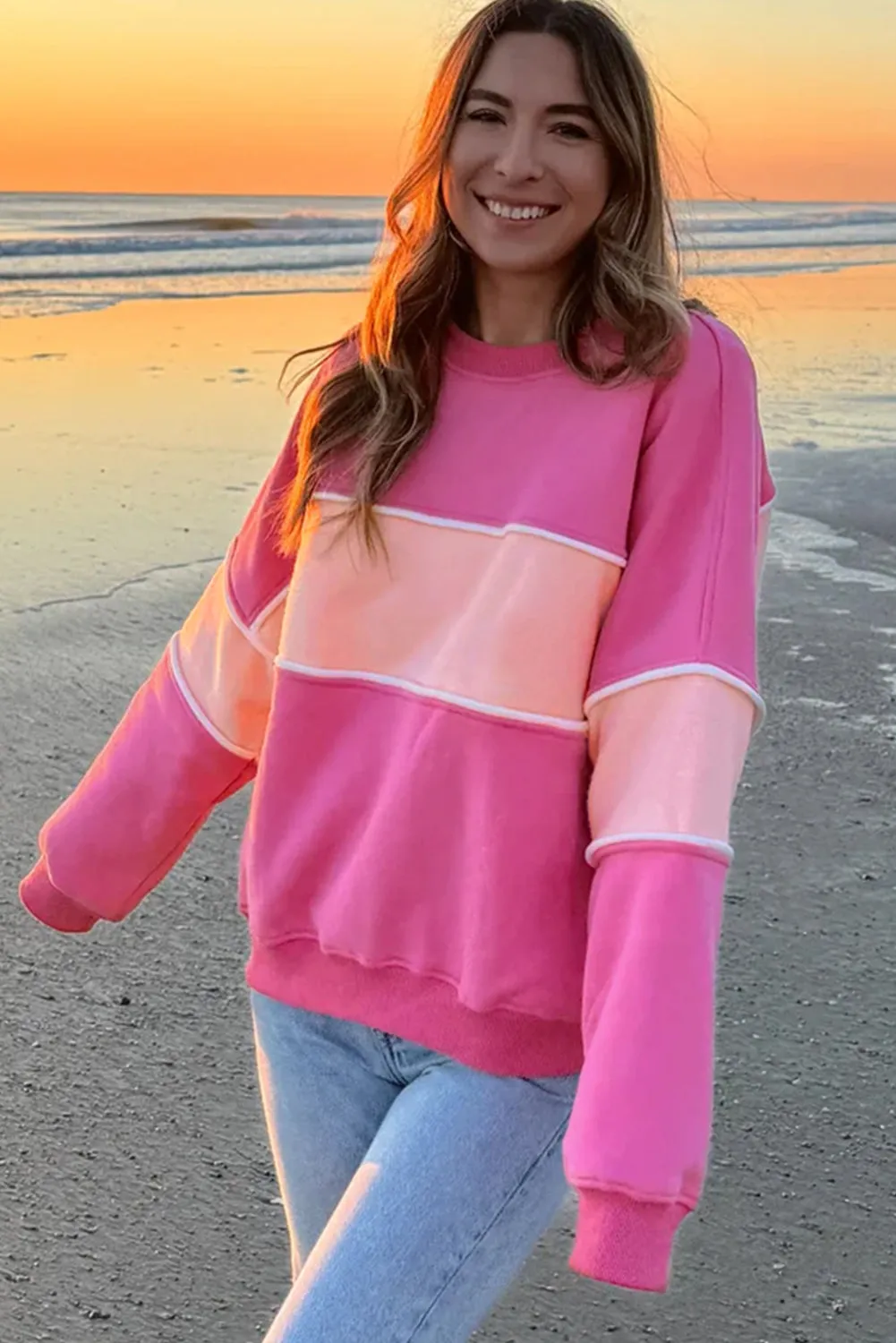 Sachet Pink Colorblock Patchwork Drop Shoulder Ribbed Trim Sweatshirt sold by Beagle Boutique product image thumbnail 3