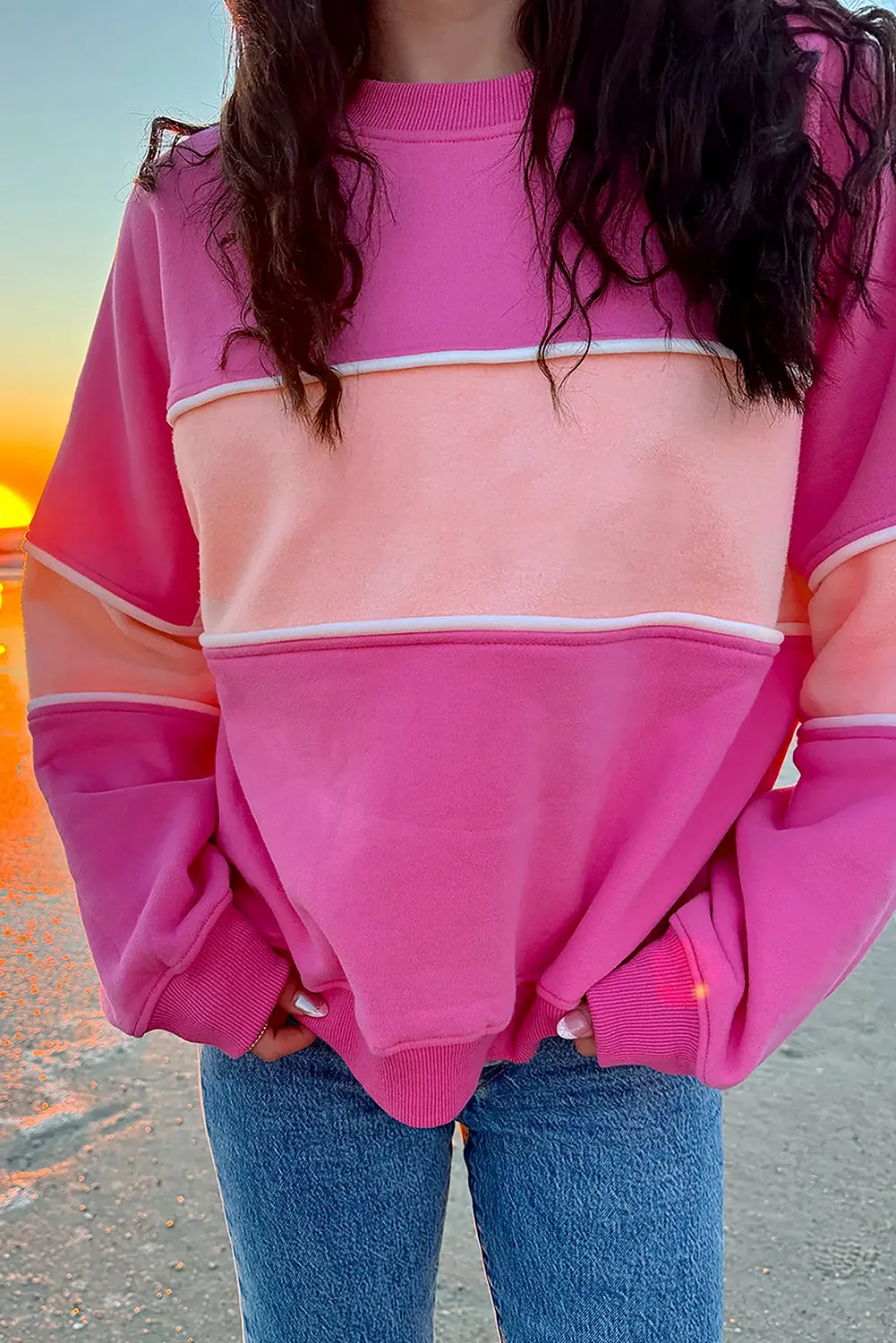 Sachet Pink Colorblock Patchwork Drop Shoulder Ribbed Trim Sweatshirt sold by Beagle Boutique product image thumbnail 2