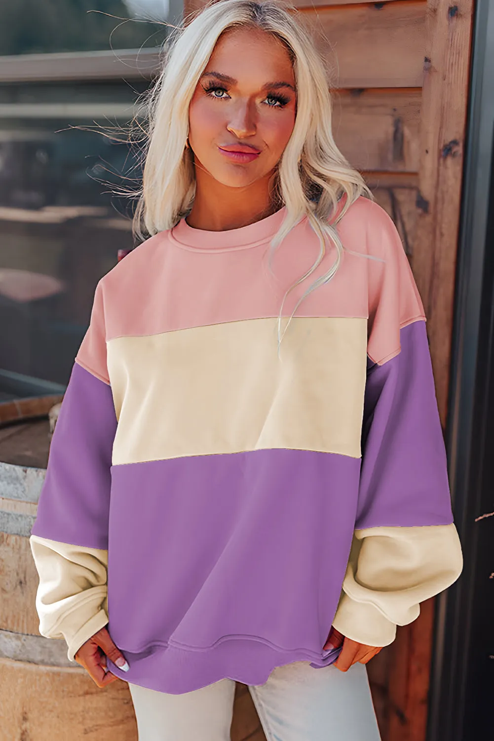 Meadow Mauve Colorblock Patchwork Drop Shoulder Sweatshirt sold by Beagle Boutique product image thumbnail 4