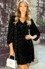 Black Textured V Neck Balloon Sleeve Velvet Mini Dress sold by Beagle Boutique