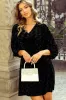 Black Textured V Neck Balloon Sleeve Velvet Mini Dress sold by Beagle Boutique