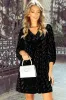 Black Textured V Neck Balloon Sleeve Velvet Mini Dress sold by Beagle Boutique