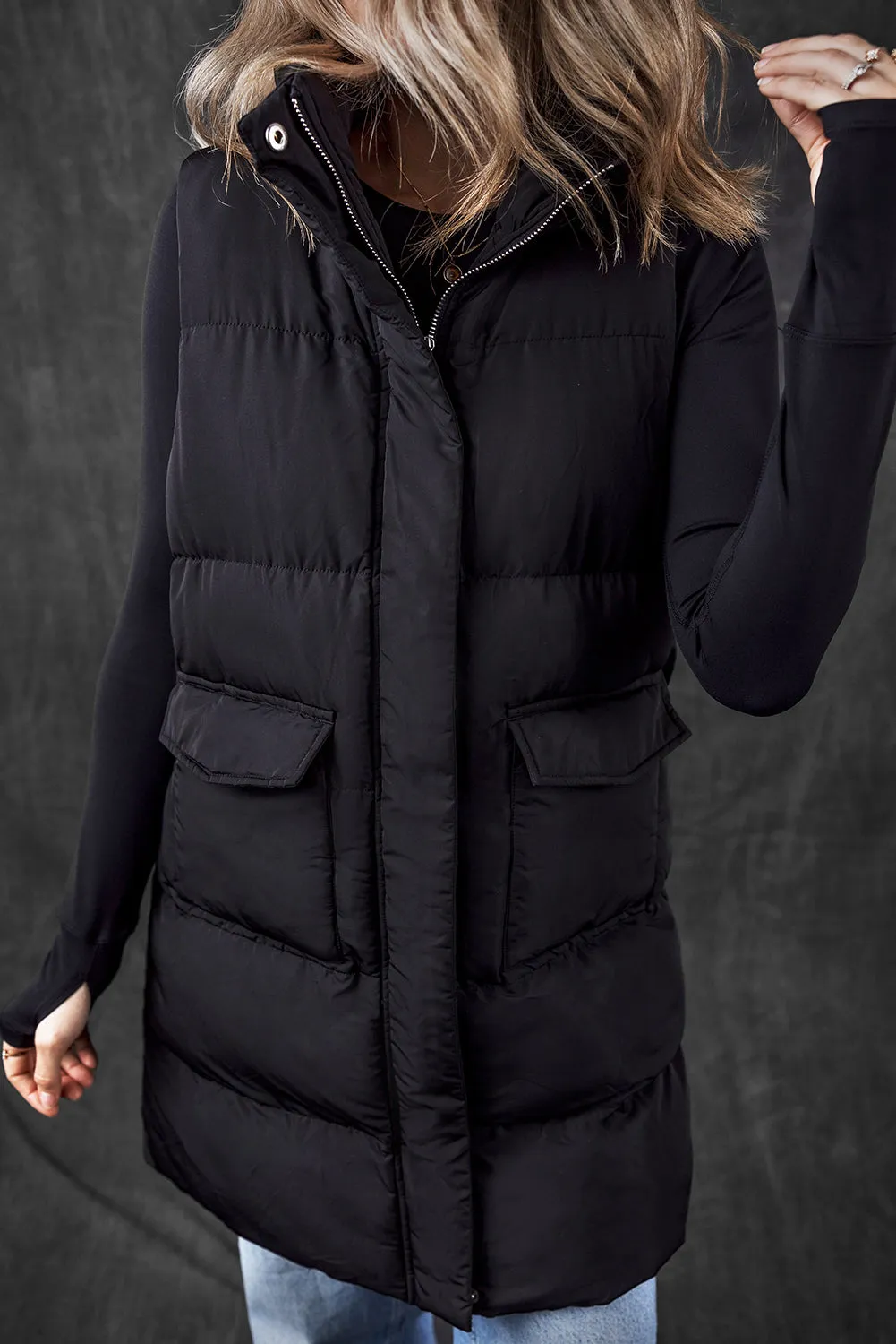 Black Windproof Longline Full Zipper Puffer Vest with Pockets sold by Beagle Boutique product image thumbnail 3
