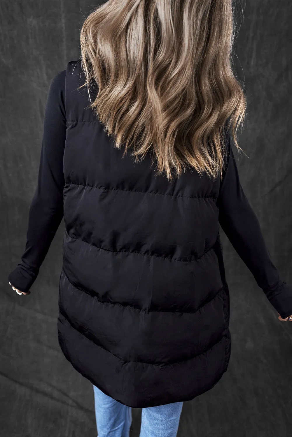 Black Windproof Longline Full Zipper Puffer Vest with Pockets sold by Beagle Boutique product image thumbnail 2