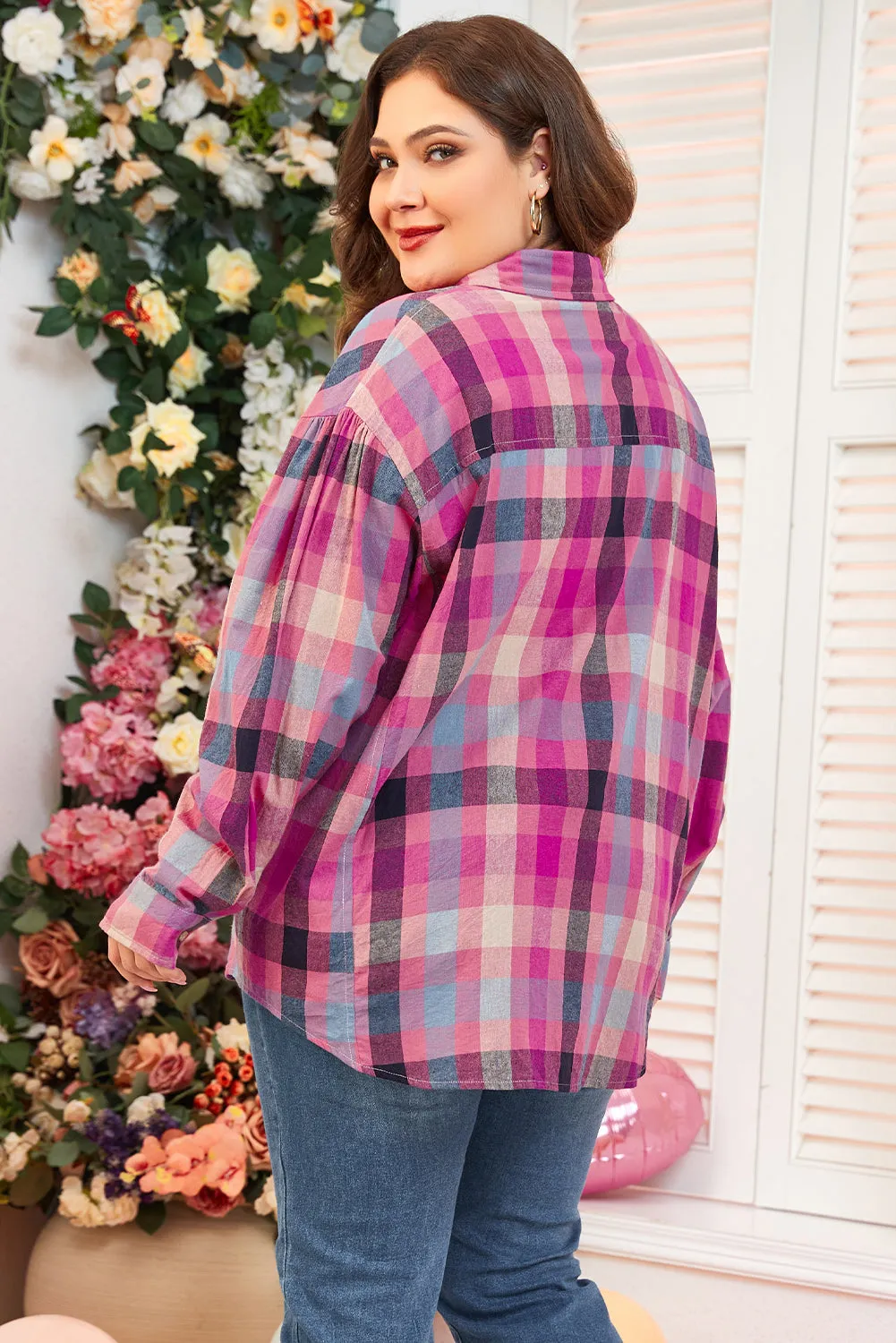 Rose Stripe Plus Size Checkered Print Button up Shirt sold by Beagle Boutique product image thumbnail 2
