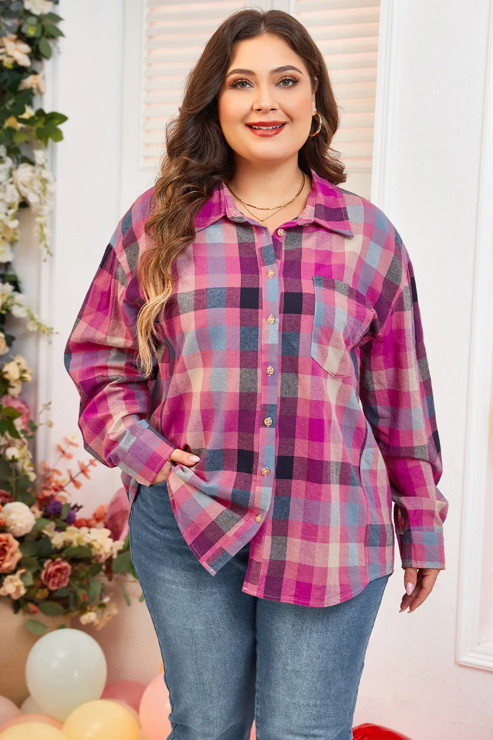 Rose Stripe Plus Size Checkered Print Button up Shirt sold by Beagle Boutique product image thumbnail 4