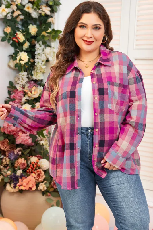 Rose Stripe Plus Size Checkered Print Button up Shirt sold by Beagle Boutique