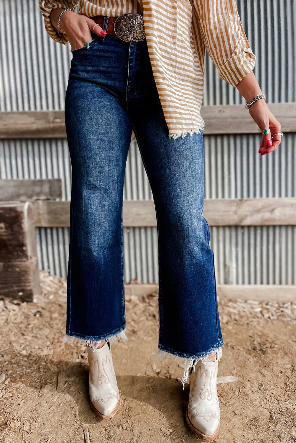 Blue Mineral Wash Raw Hem High Waist Flared Jeans sold by Beagle Boutique product image thumbnail 5