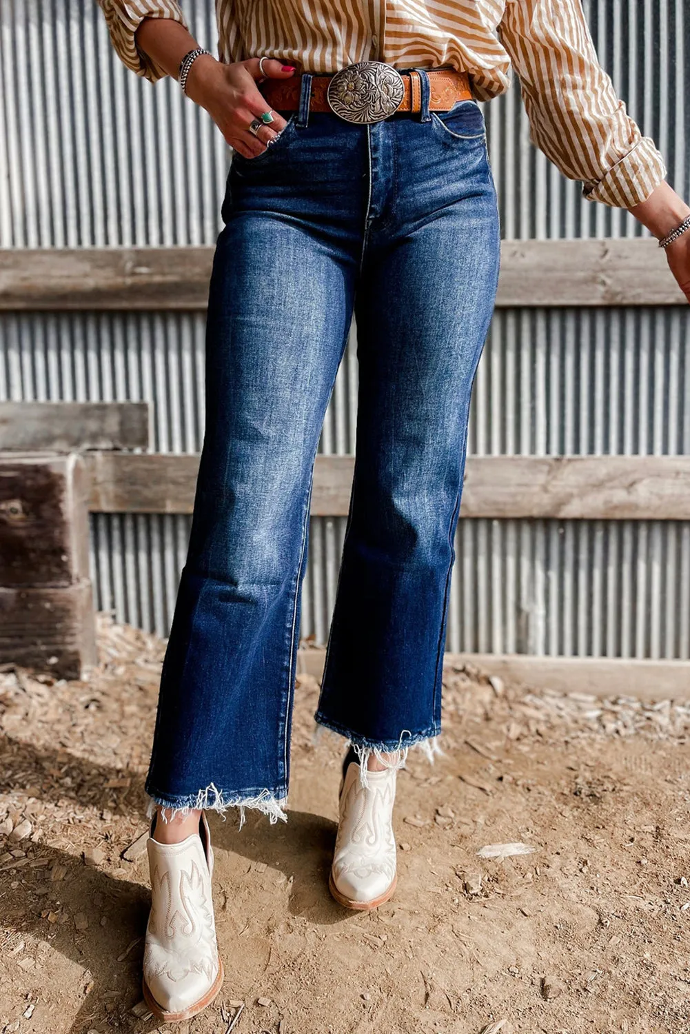 Blue Mineral Wash Raw Hem High Waist Flared Jeans sold by Beagle Boutique product image thumbnail 4