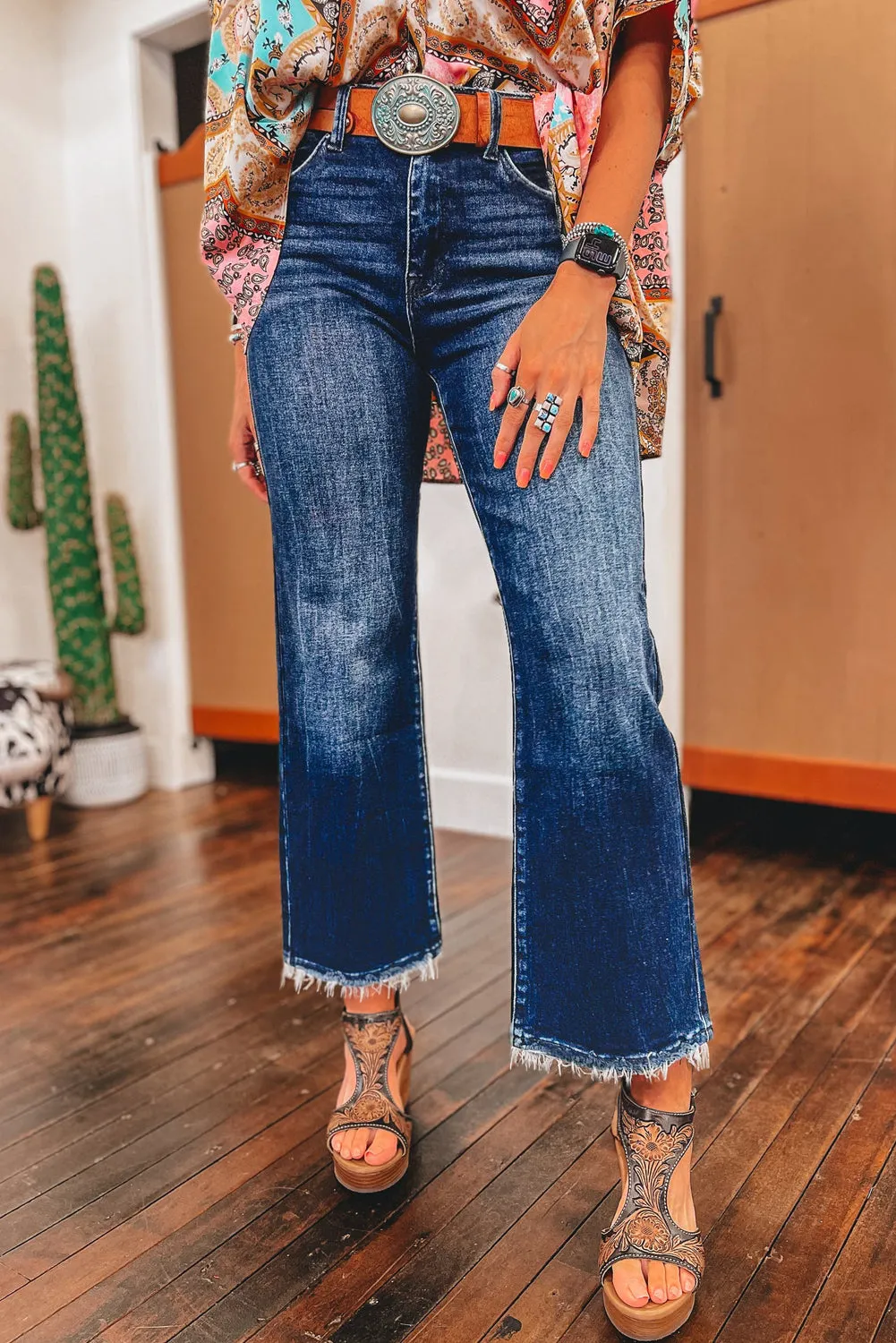 Blue Mineral Wash Raw Hem High Waist Flared Jeans sold by Beagle Boutique