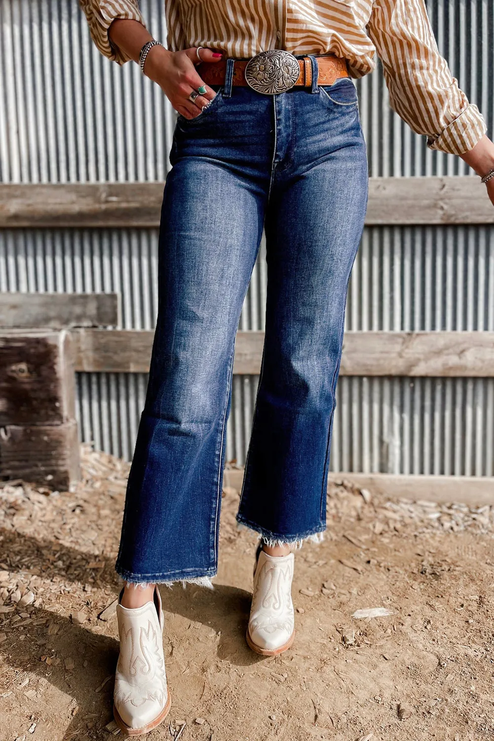 Blue Mineral Wash Raw Hem High Waist Flared Jeans sold by Beagle Boutique product image thumbnail 3